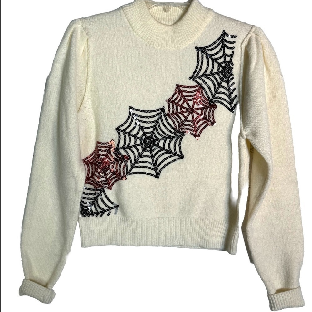 Peach Love Halloween Sweater Sequin Spider Webs Women’s Sz Small